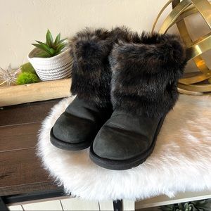 Ugg Australia Kids Ellee Leather Boot Sheep Fur 1008178K Black Youth Size 5.